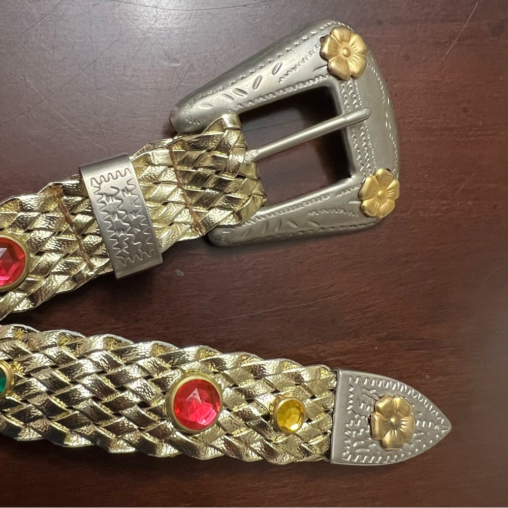Braided belt gold toned faux leather lightweight western  stones bling EUC - Picture 4 of 8